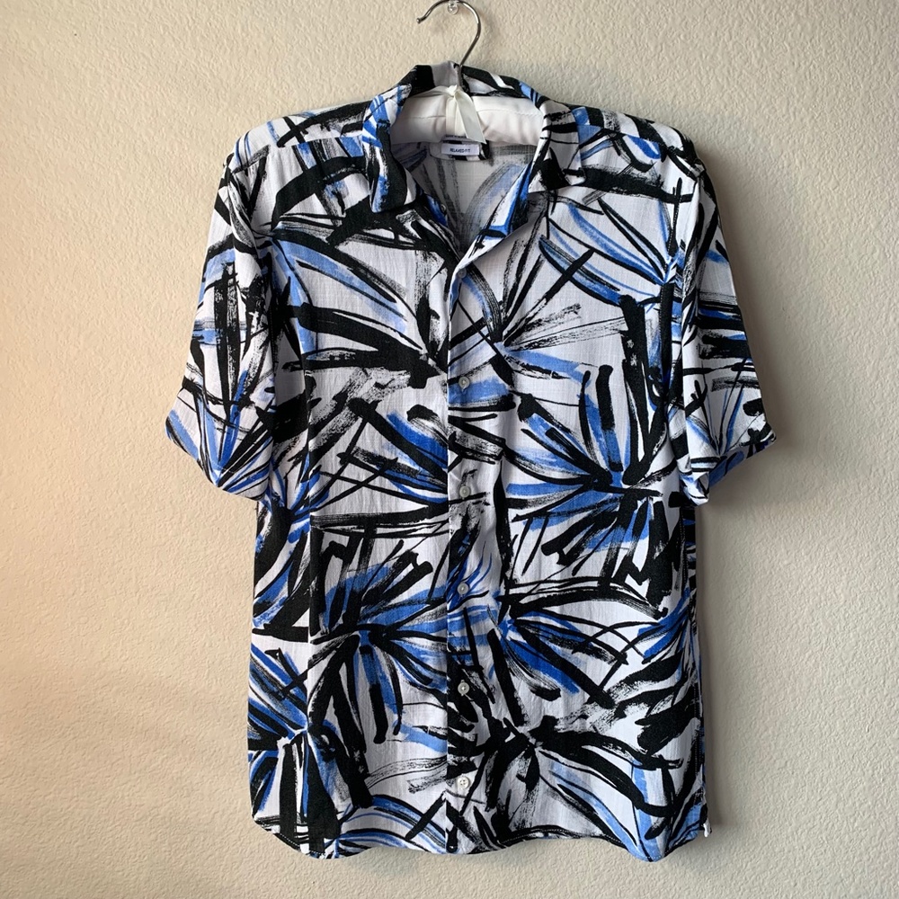 Zara Relaxed Fit Short Sleeve Button-Up Shirt   Blue and Black Palm Print Size S - Picture 13 of 15